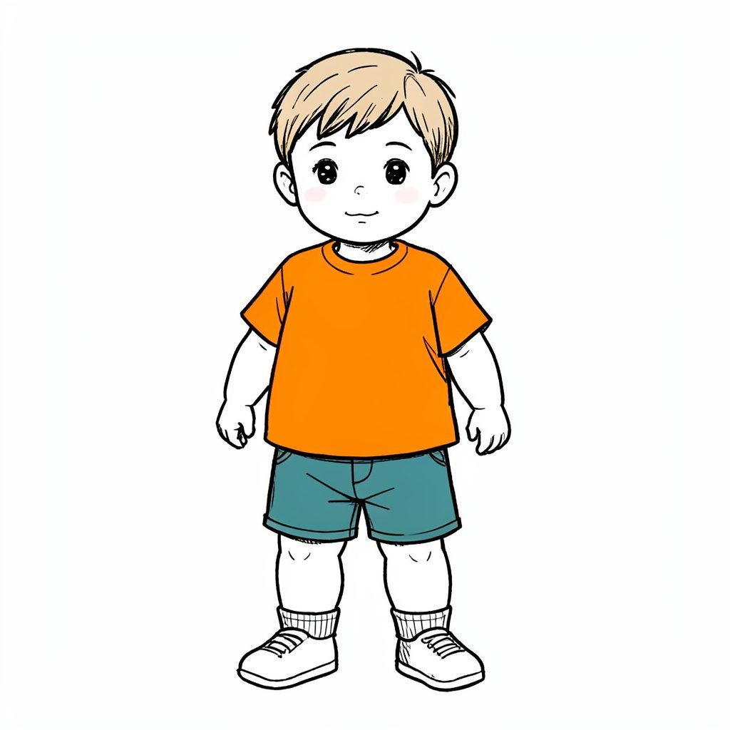 Simple ink line illustration of children's shoes in navy and orange